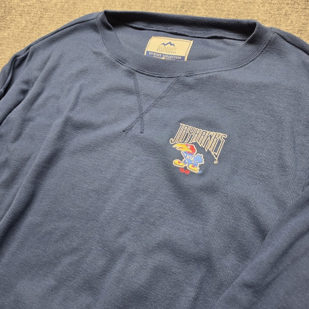 Kansas Jayhawks Womens Small Crewneck Sweatshirt Navy Blue Ribbed Oversized Slit